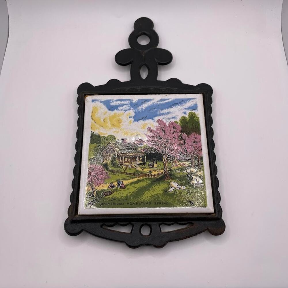 Vintage Trivet Ceramic Tile 7 Star American Homestead Spring Cast Iron